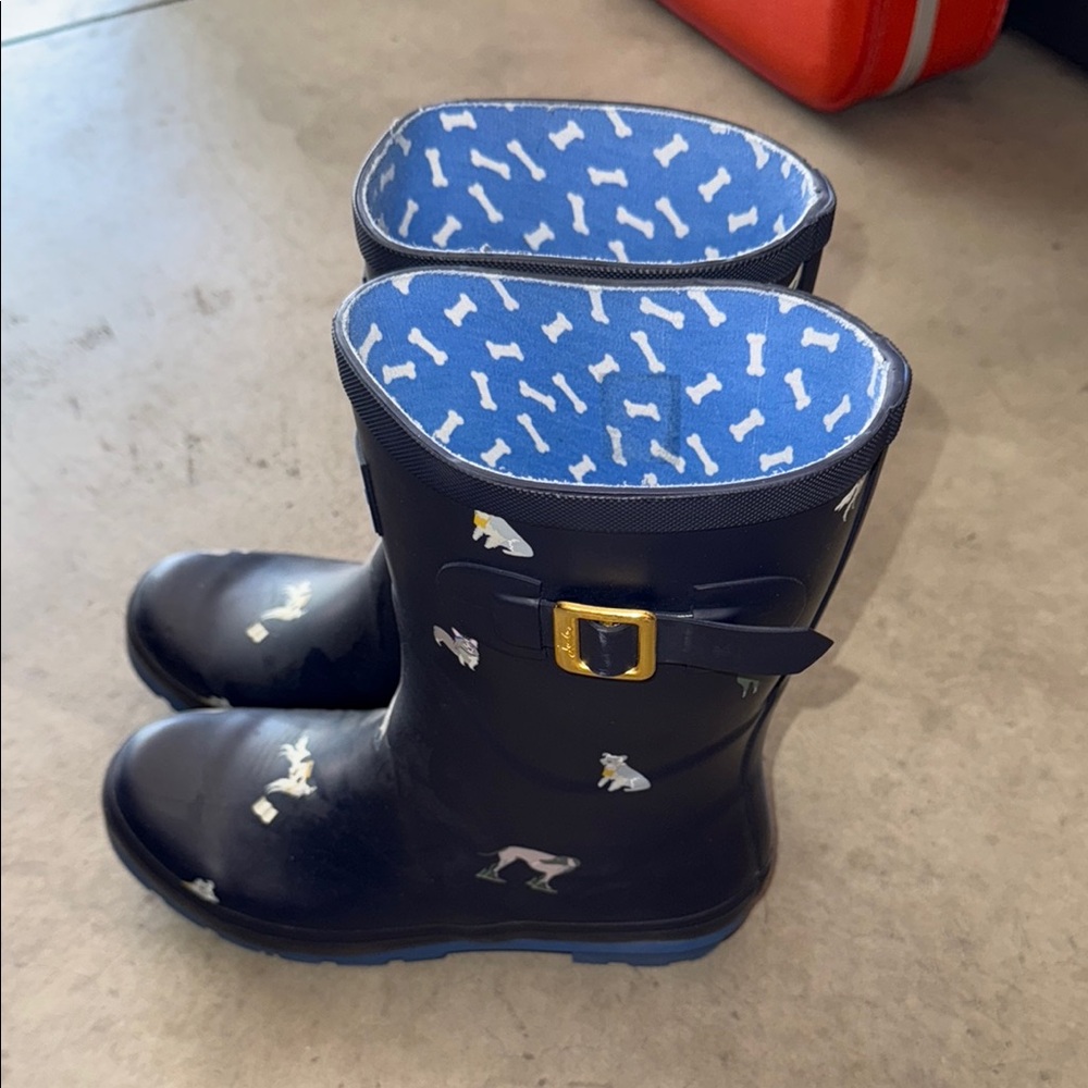 Joules rain boots with dog print women’s size 10 blue and white